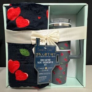 Lumiere Black Red Cherry Throw & Cherry-Print Tumbler Gift Set
